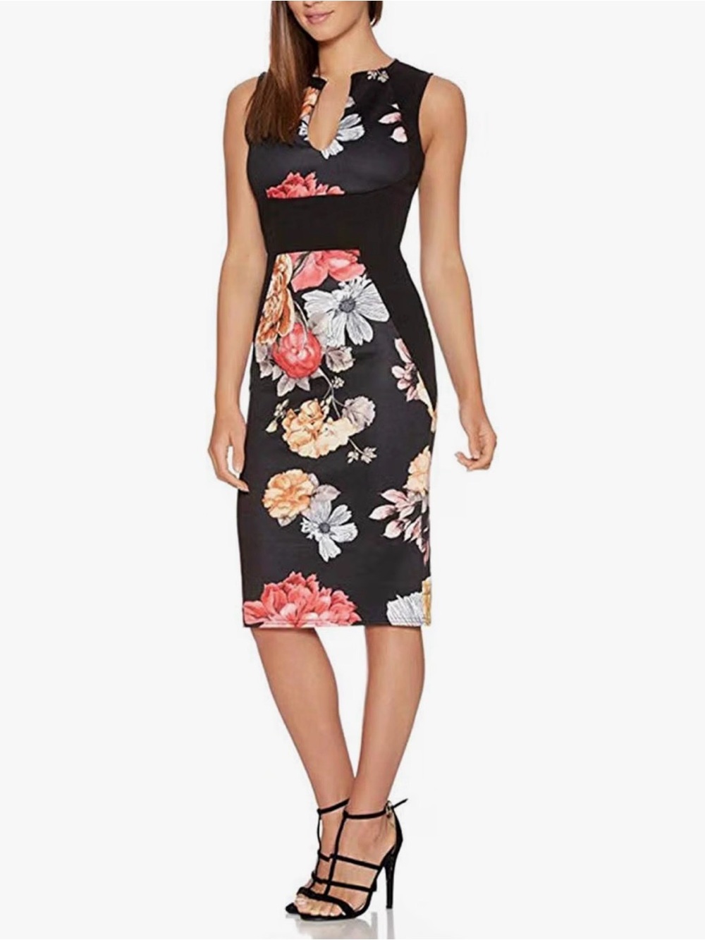 Women's Sleeveless Deep V Neck Floral Print Cocktail Party Pencil Dress-Size M